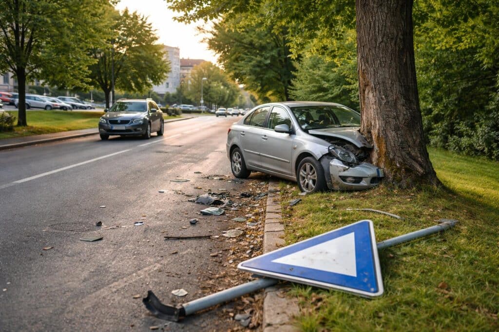 Alkolenker beschädigte Baum und Schild