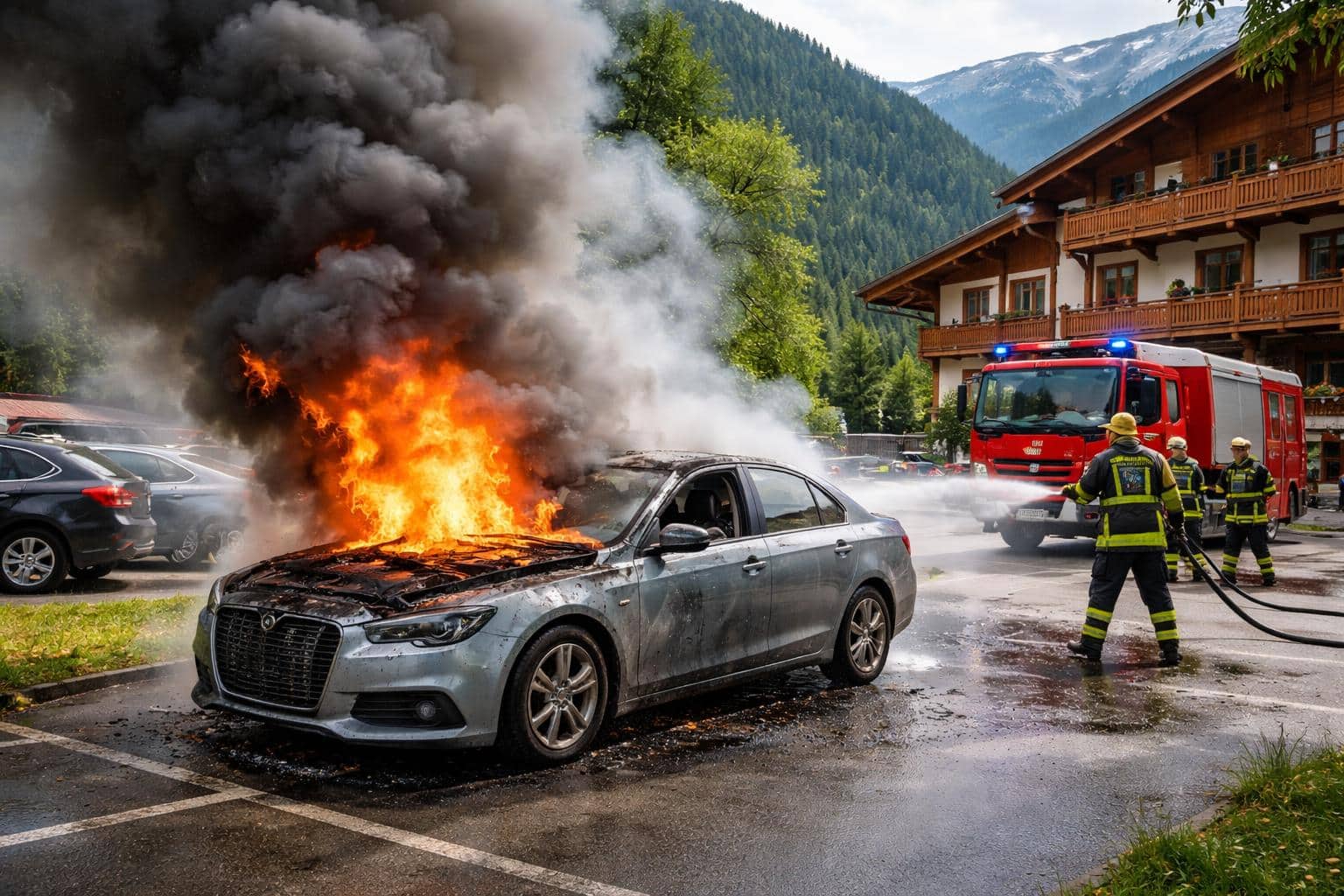 Hotelparkplatz: Auto begann zu brennen!