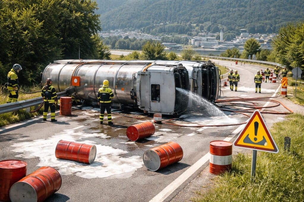 Hochentzündliche Lösungsmittel geladen: Lkw kippte in Kurve um