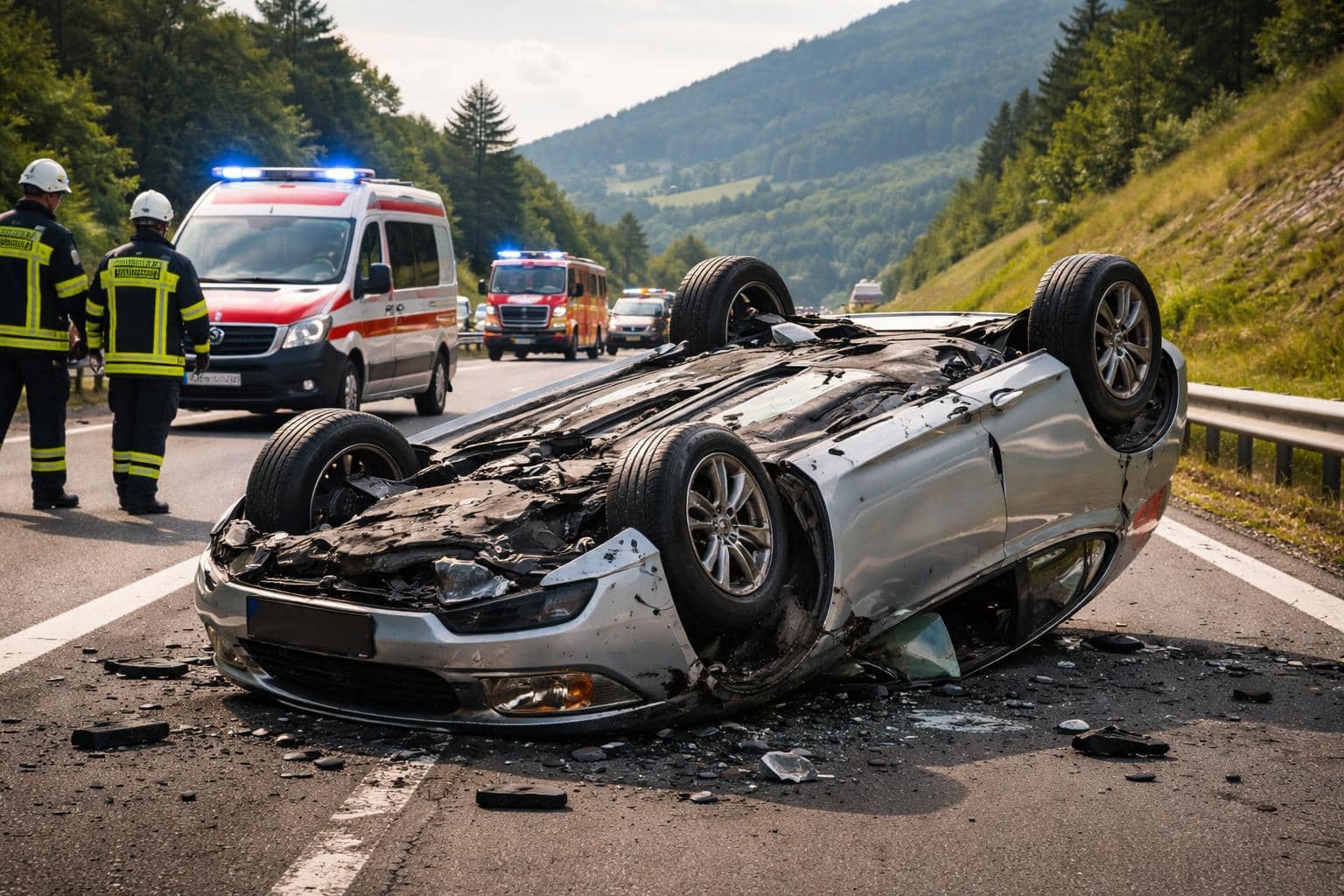 Autoüberschlag nach Reifenplatzer auf der A2 bei St. Andrä