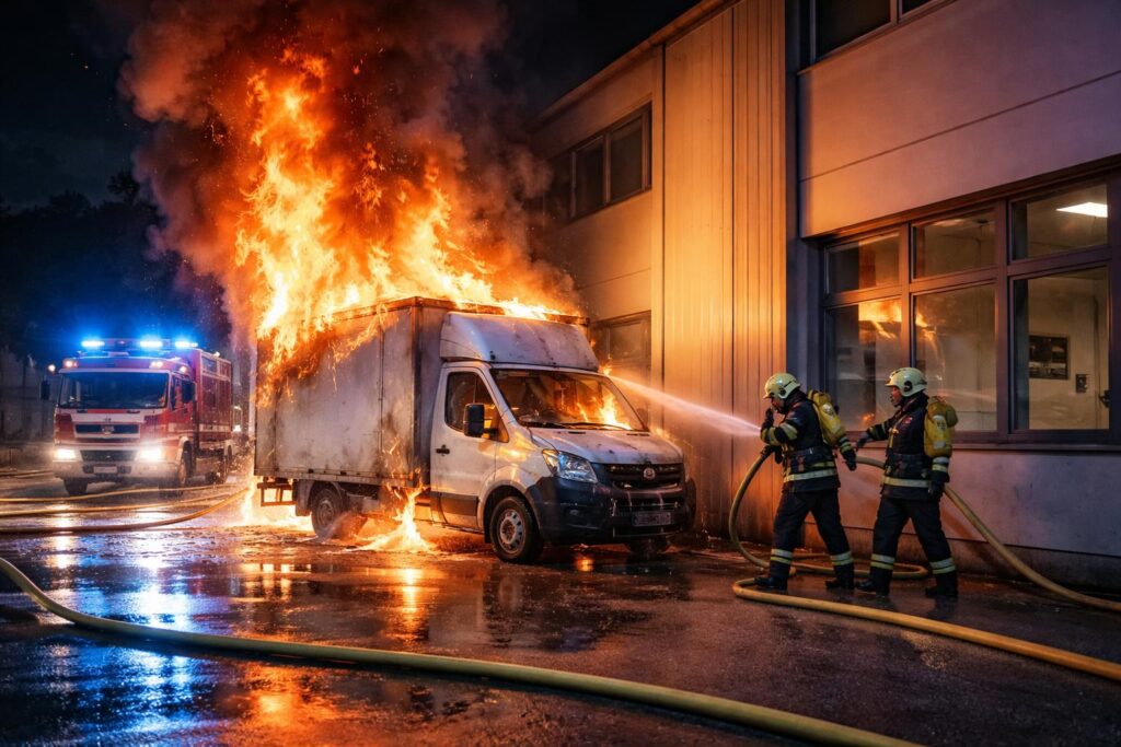 Fahrzeug neben Gebäude in Vollbrand