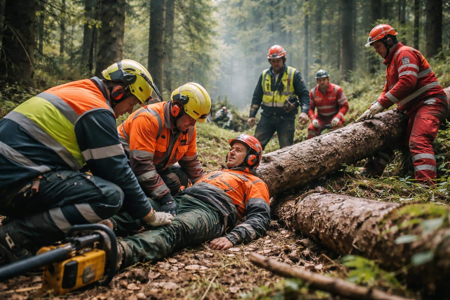 Baum klemmt Bein von Forstarbeiter ein