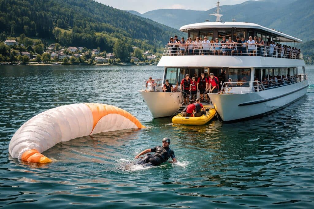 Passagierschiff sichert Paragleiter im See