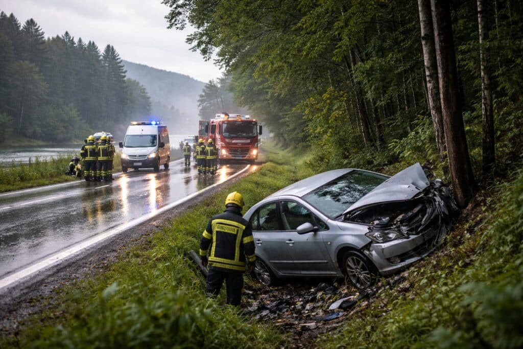 Unfall nahe Gösselsdorfer See: Pkw geriet auf regennasser Fahrbahn ins Schleudern