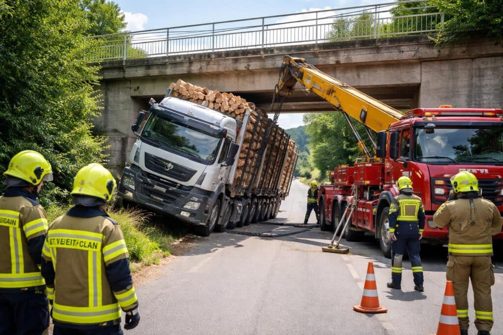 Holztransporter unter Brücke stecken geblieben