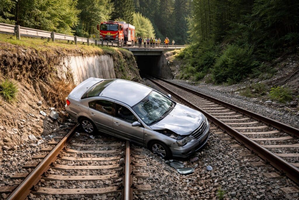 Auto stürzte in Kärnten zehn Meter tief auf Bahngleise ab