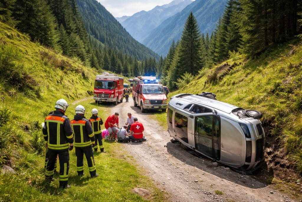 Pkw auf Almweg umgekippt