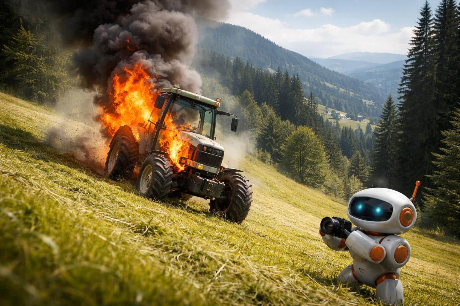 Brennender Traktor rollte über Wiese