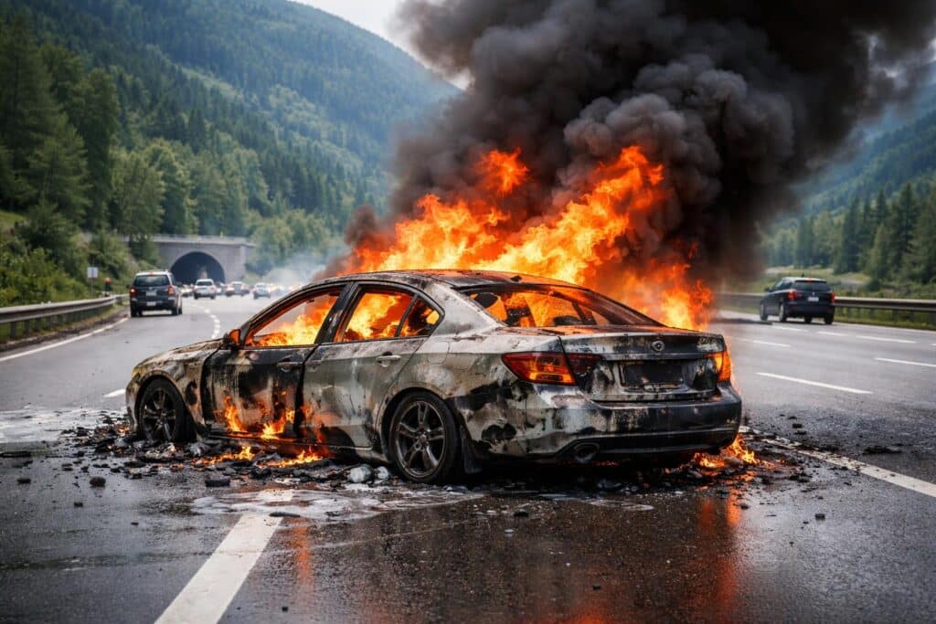 Auf der A10: Lenker konnte rechtzeitig aus brennendem Auto flüchten