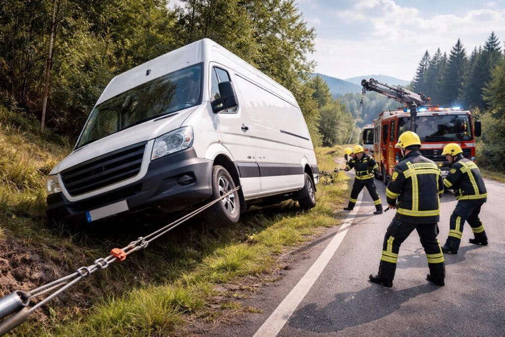Feuerwehr rettet Transporter vor dem Umkippen