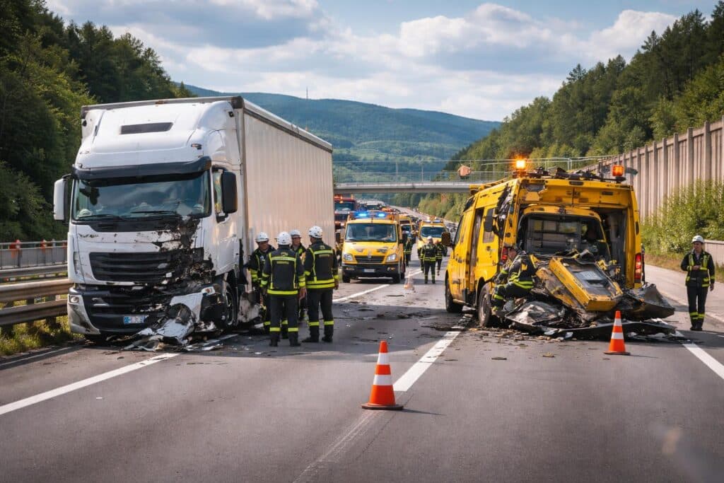 A2 nach schwerem Unfall gesperrt: Lkw fuhr auf Asfinag-Fahrzeug auf
