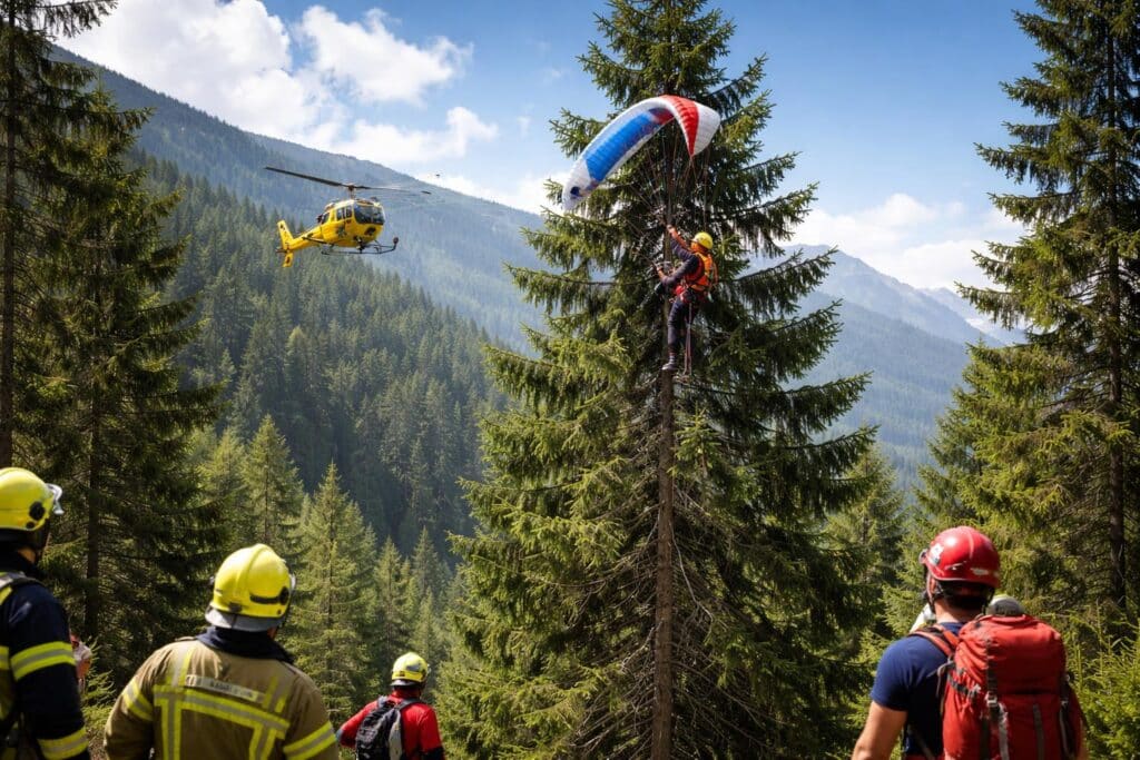 Paragleiter landete in 25 Meter hoher Fichte