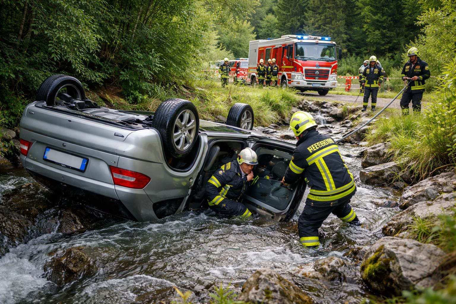 Auto im Bach: Lenker von Feuerwehr gerettet