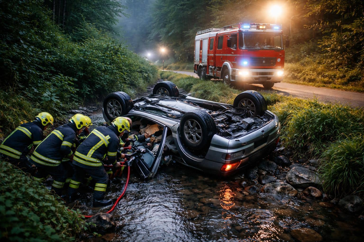 Fahrer eingeklemmt: Alkolenker landete nach Überschlag mit Pkw im Bach