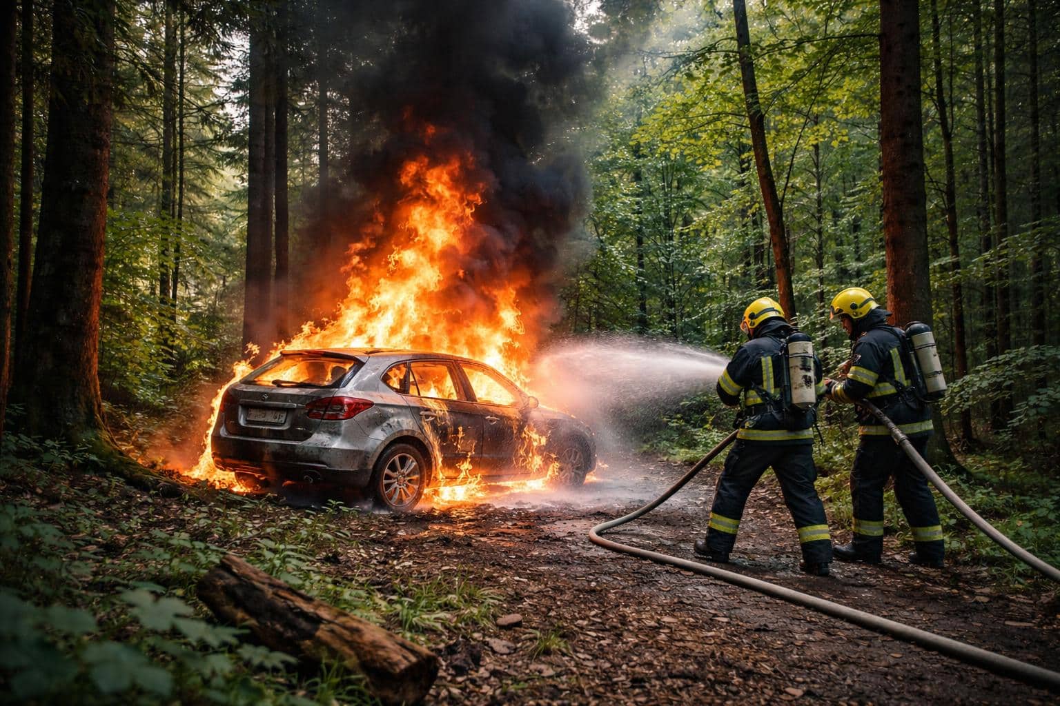 Pkw stand mitten im Wald in Vollbrand