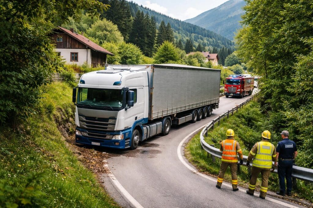 Sattelzug auf Umleitung steckengeblieben