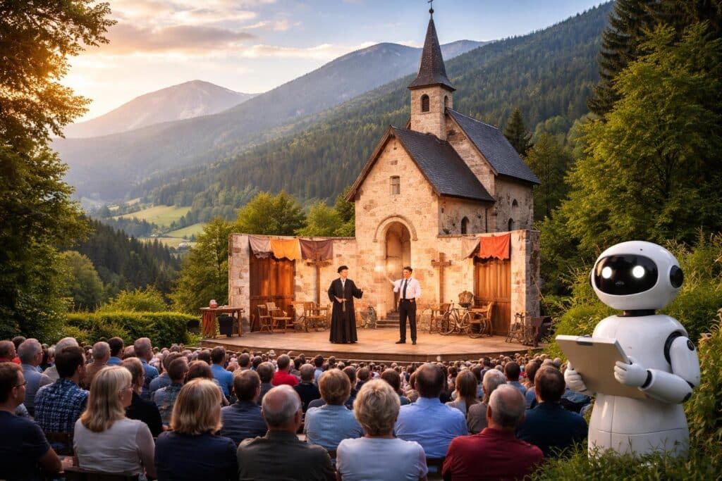 Theater im Mittelpunkt: Don Camillo und Pepone treten vor Kärntner Bergkirche auf