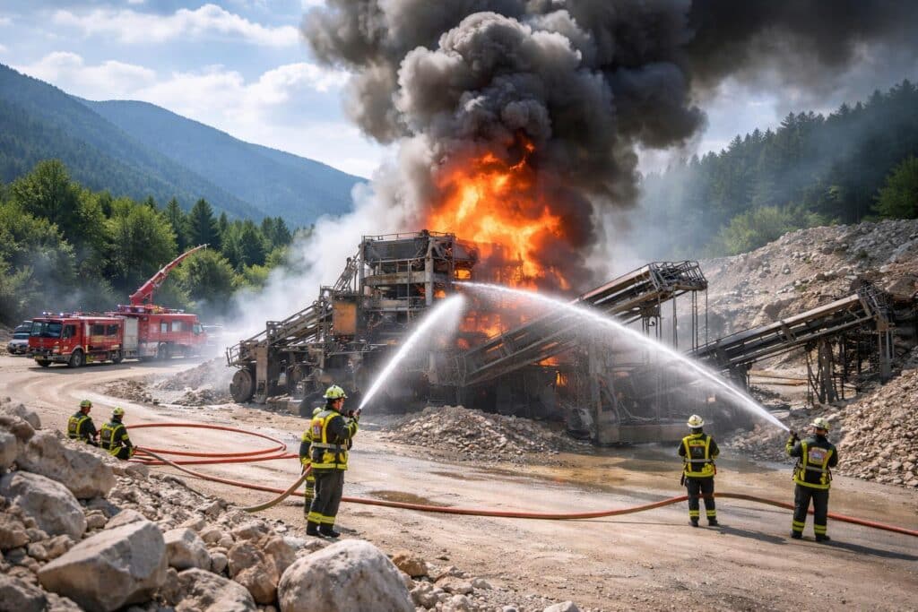 Steinbrecher im Krastal in Vollbrand