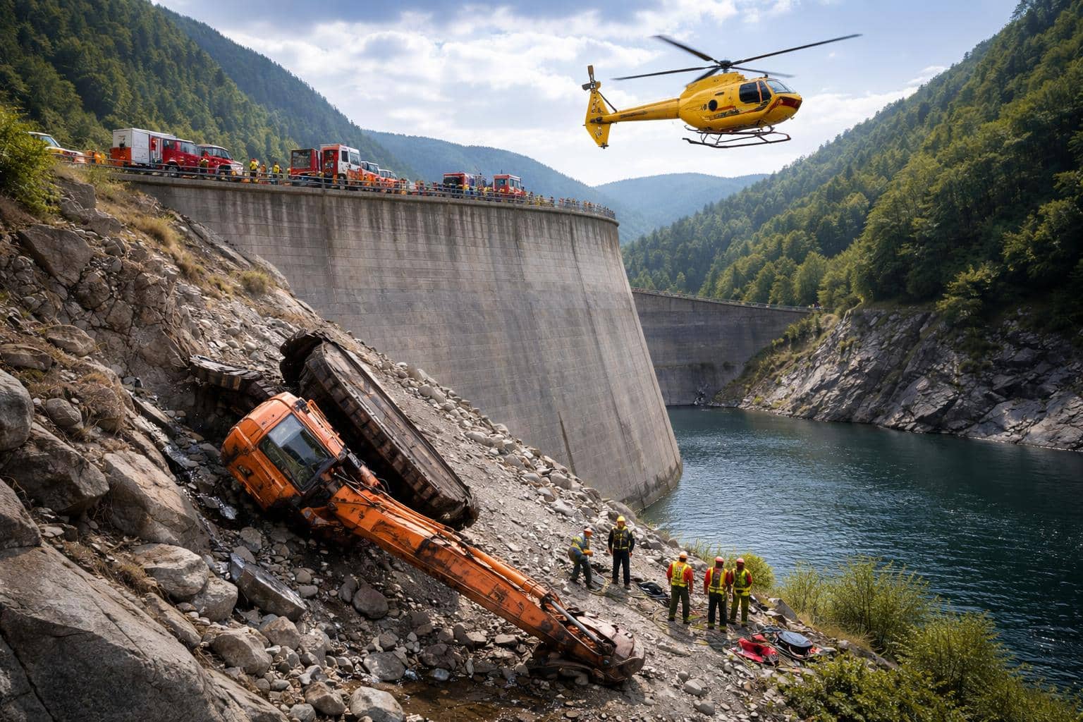 Bagger stürzt 20 Meter über Staumauer