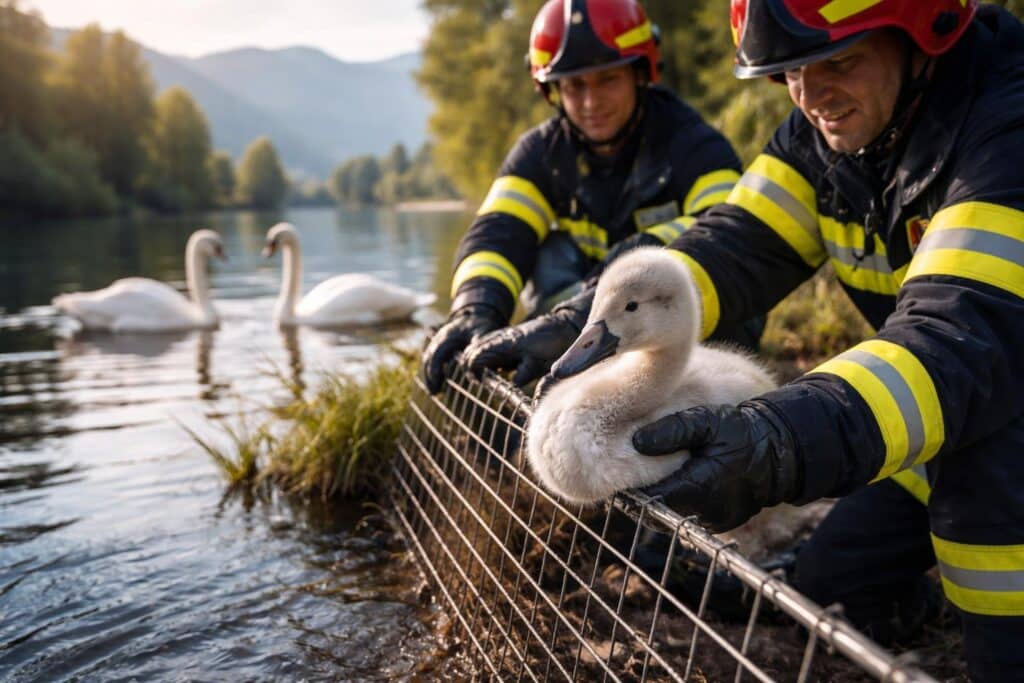 Kleiner Schwan aus Gitter gerettet