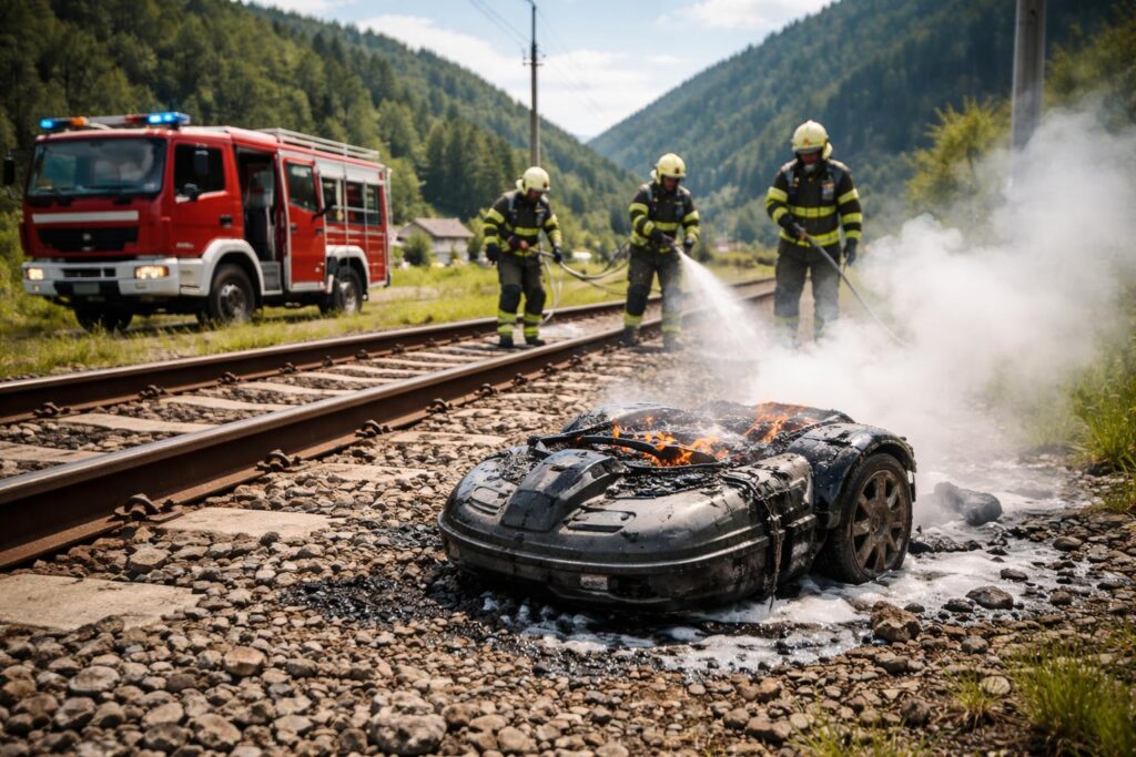Maschinenbrand im Gleisbereich: Mähroboter gerät in Brand