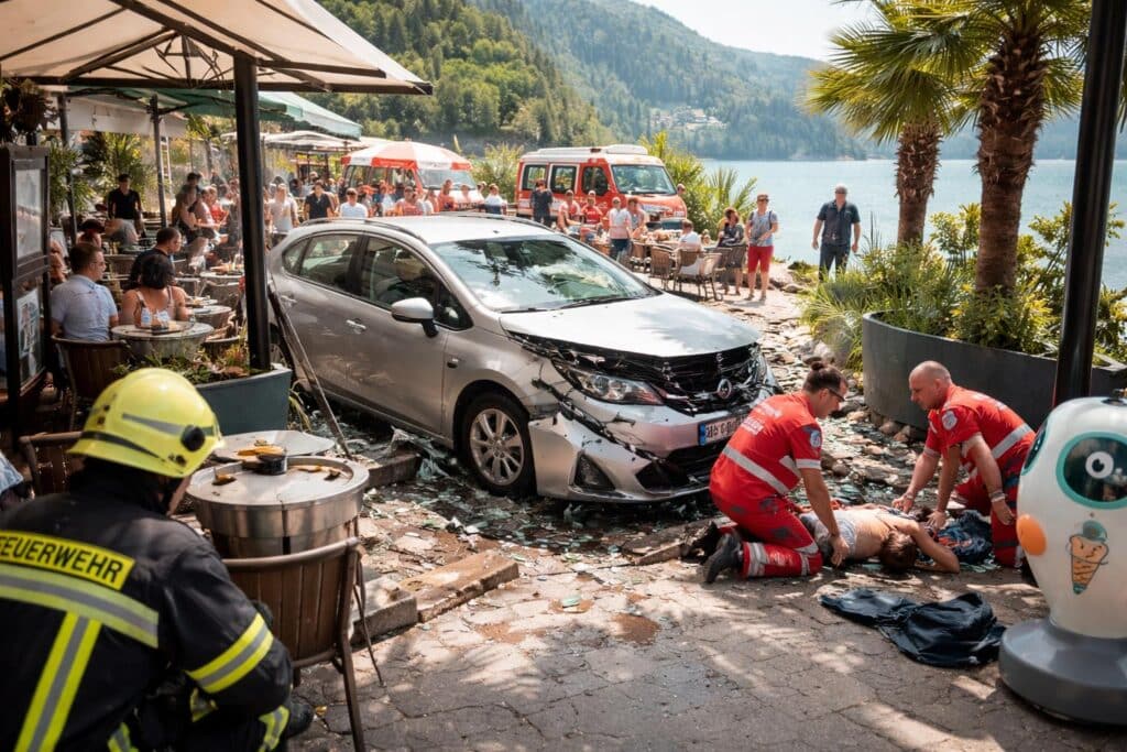 Großeinsatz läuft: Auto kracht in ein Café in Velden am Wörthersee