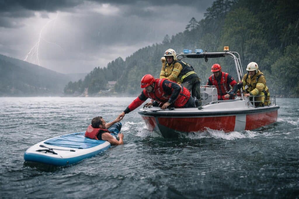 SUP-Fahrer bei Gewitter aus dem See gerettet