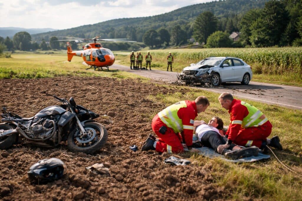 Motorradfahrerin bei Frontalcrash in Acker geschleudert