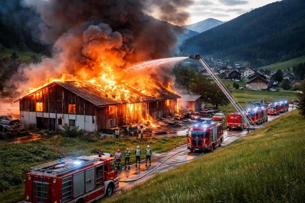 Feuerwehren alarmiert: Wirtschaftsgebäude in Irschen steht in Vollbrand