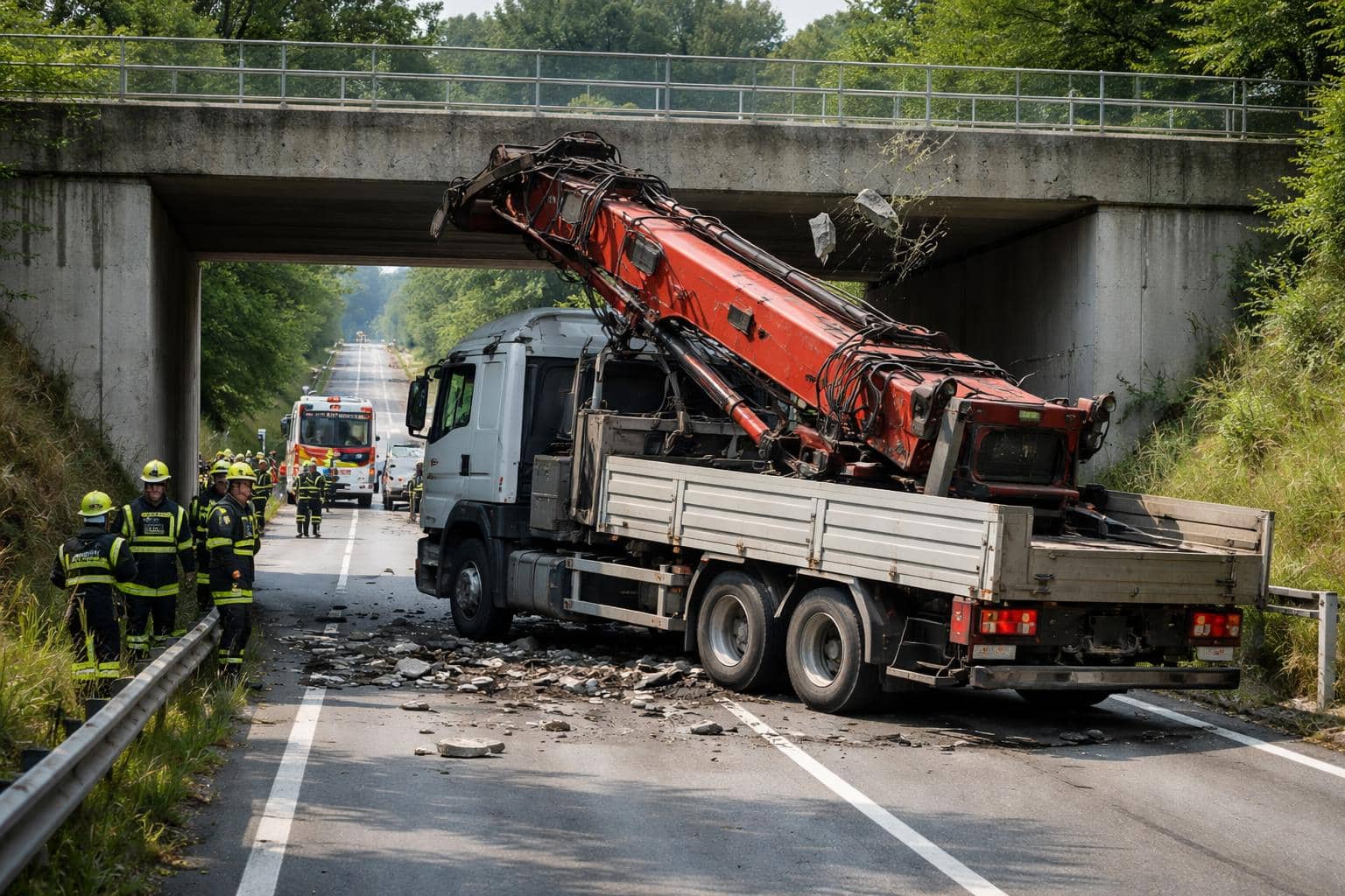 Ausgefahrener LKW-Kran kracht gegen Unterführung