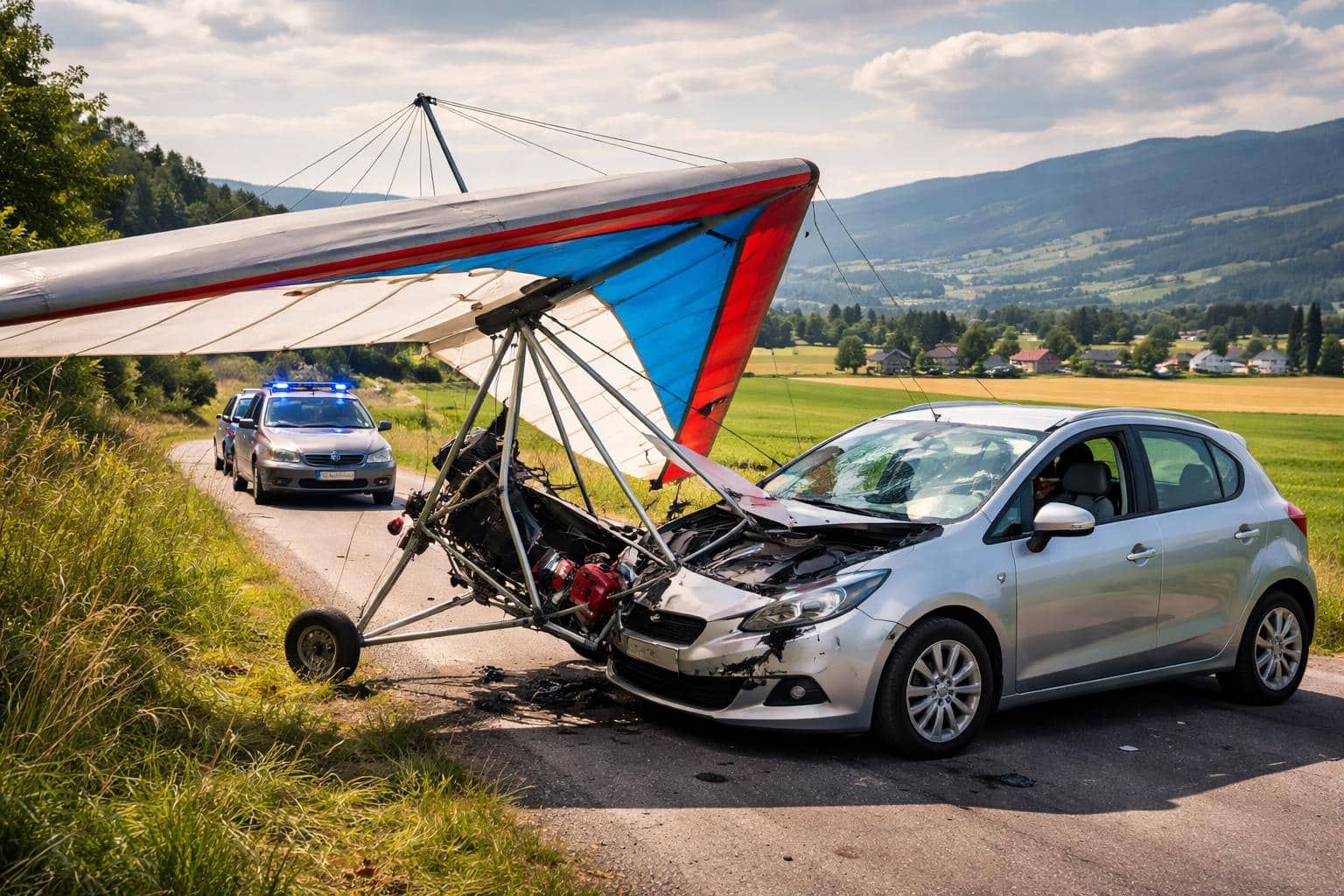 Hängegleiter prallt bei Notlandung gegen Auto