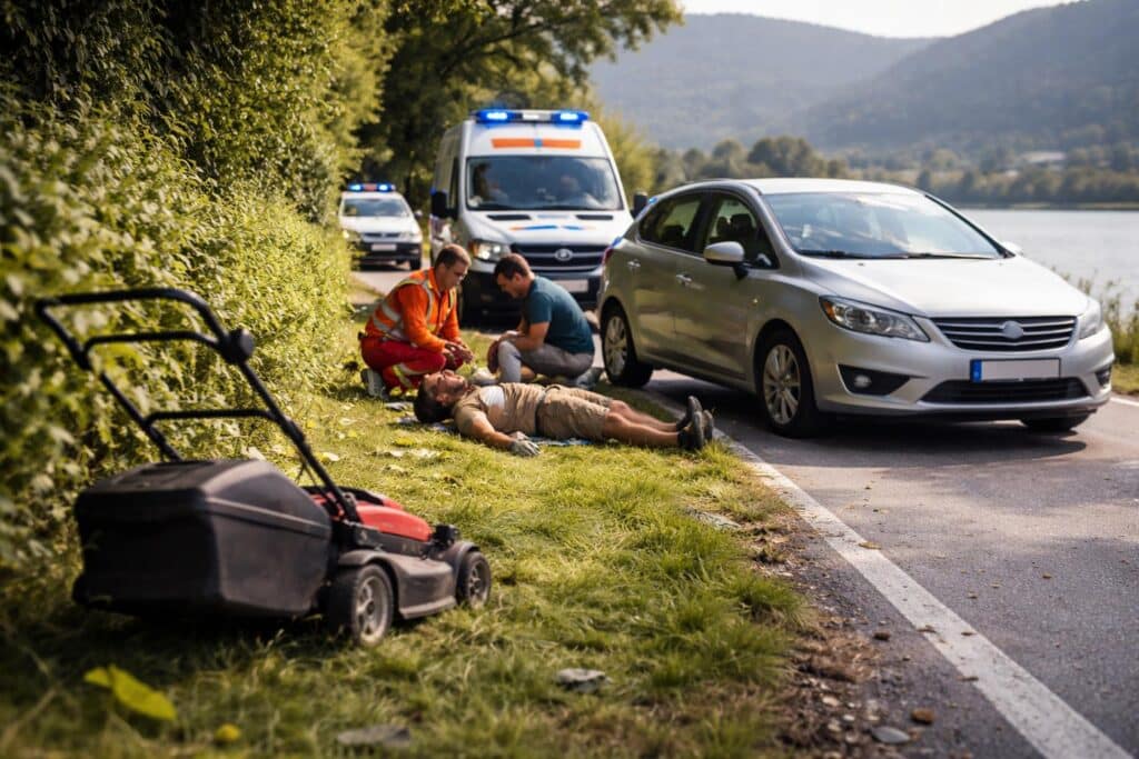 Mann beim Rasenmähen von Auto erfasst