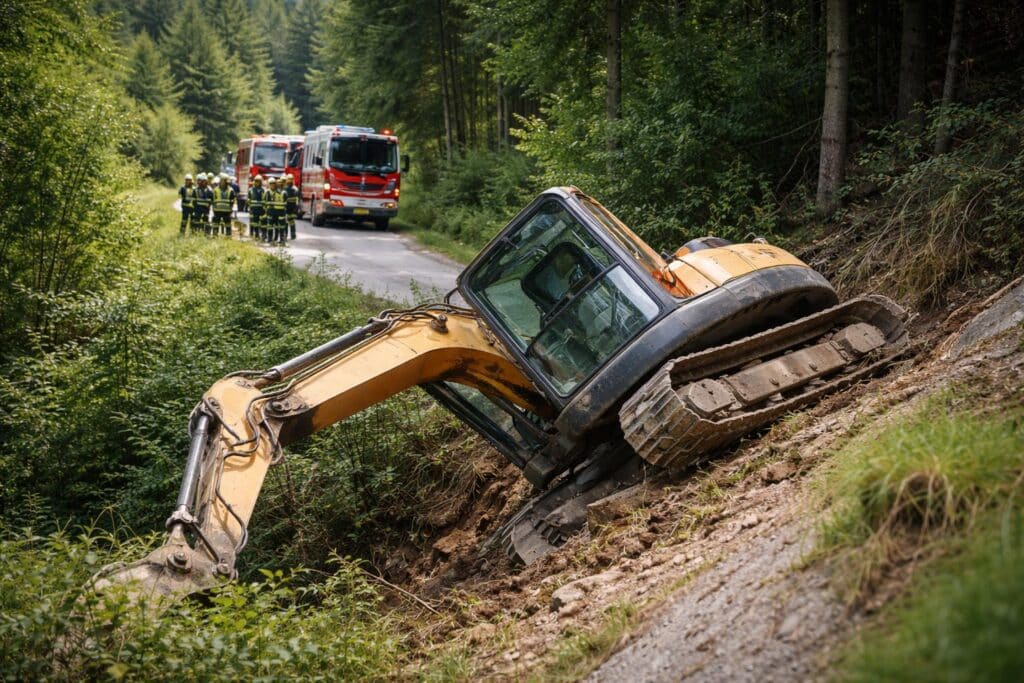 Bagger kippt in Rupertiberg über Böschung