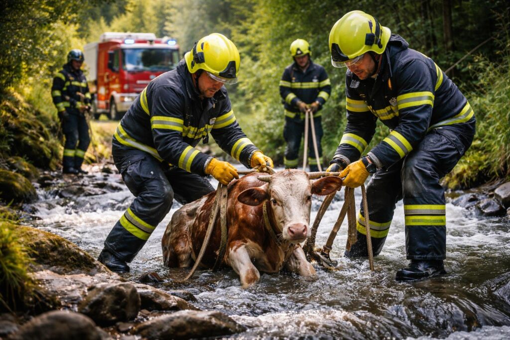 Kärntner Feuerwehr rettet hilfloses Kalb nach Sturz in Bach