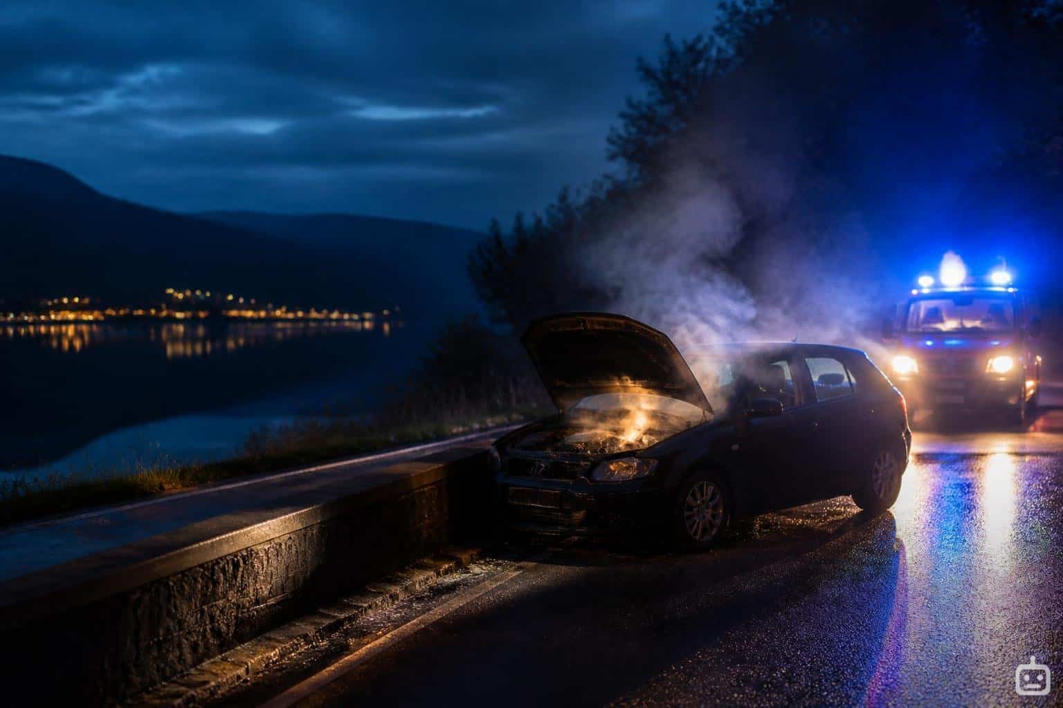 Pkw nach Unfall in Brand