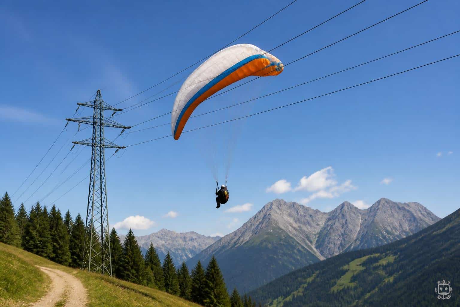 Paragleiter verfängt sich in Stromleitung