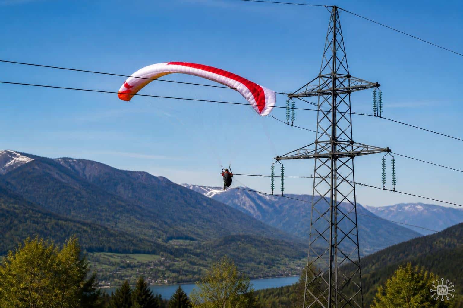 Paragleiter verfängt sich in Stromleitung