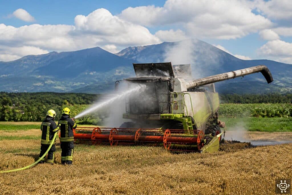 Feuerwehren löschen brennenden Mähdrescher