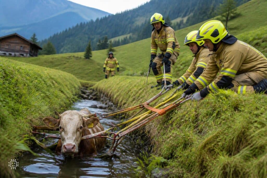 Junge Kuh aus Wassergraben gerettet
