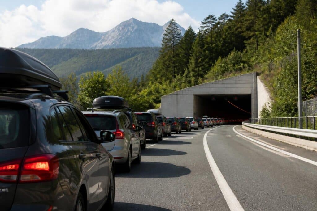 Lange Wartezeiten vor dem Karawankentunnel am Samstag