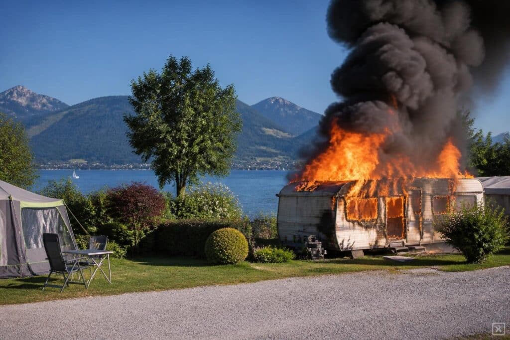 Wohnwagen auf Campingplatz in Keutschach in Vollbrand
