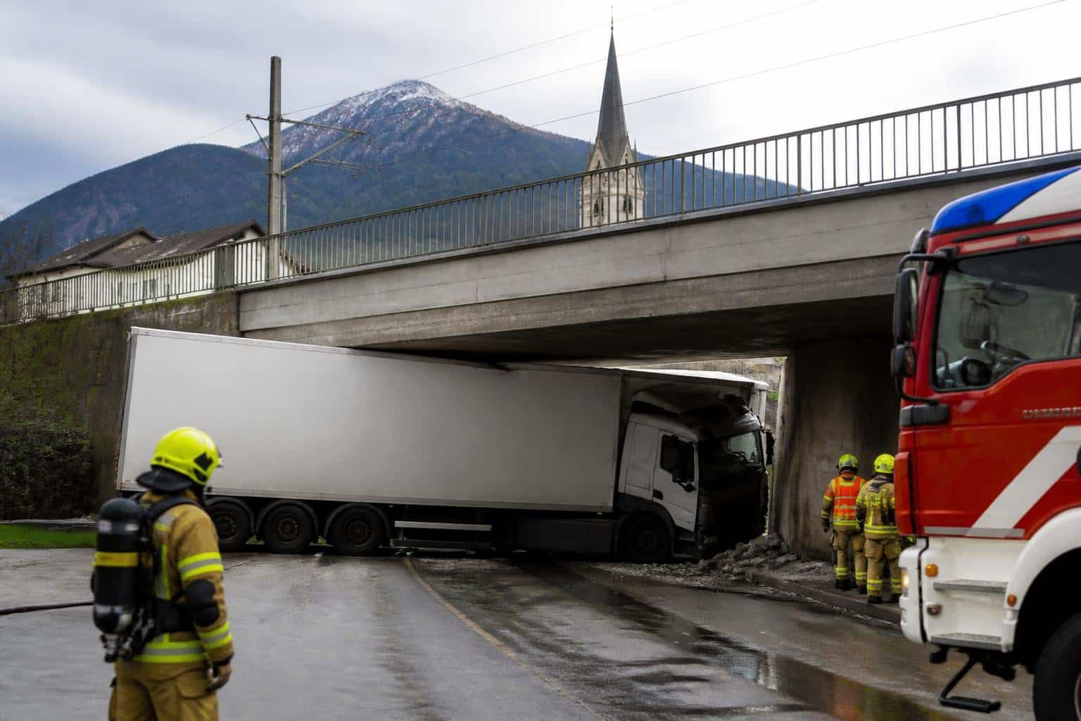 Lkw-Zug stürzte in Eisenbahnunterführung in Villach