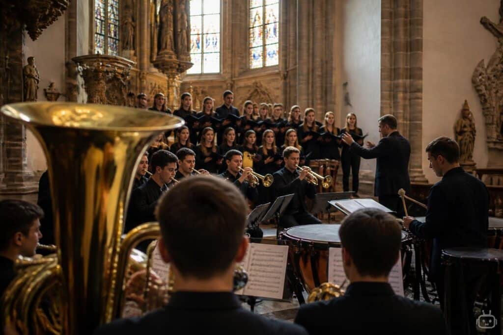 Geballte Klänge von Blechbläsern, Schlagwerkern und Chor im Dom