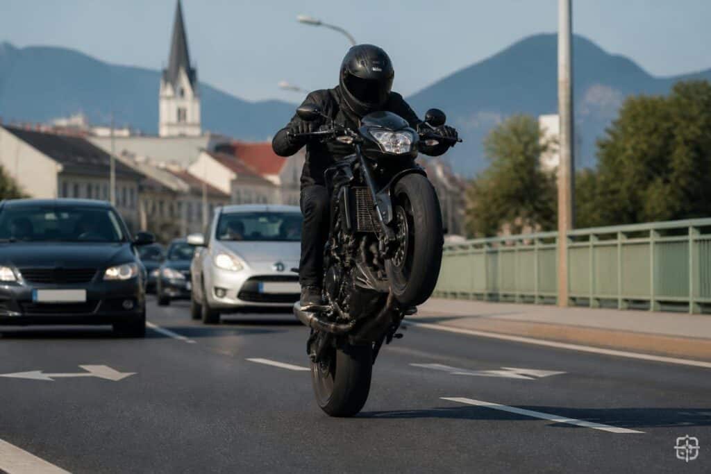 Alkoholisierter Motorradfahrer macht Wheelies