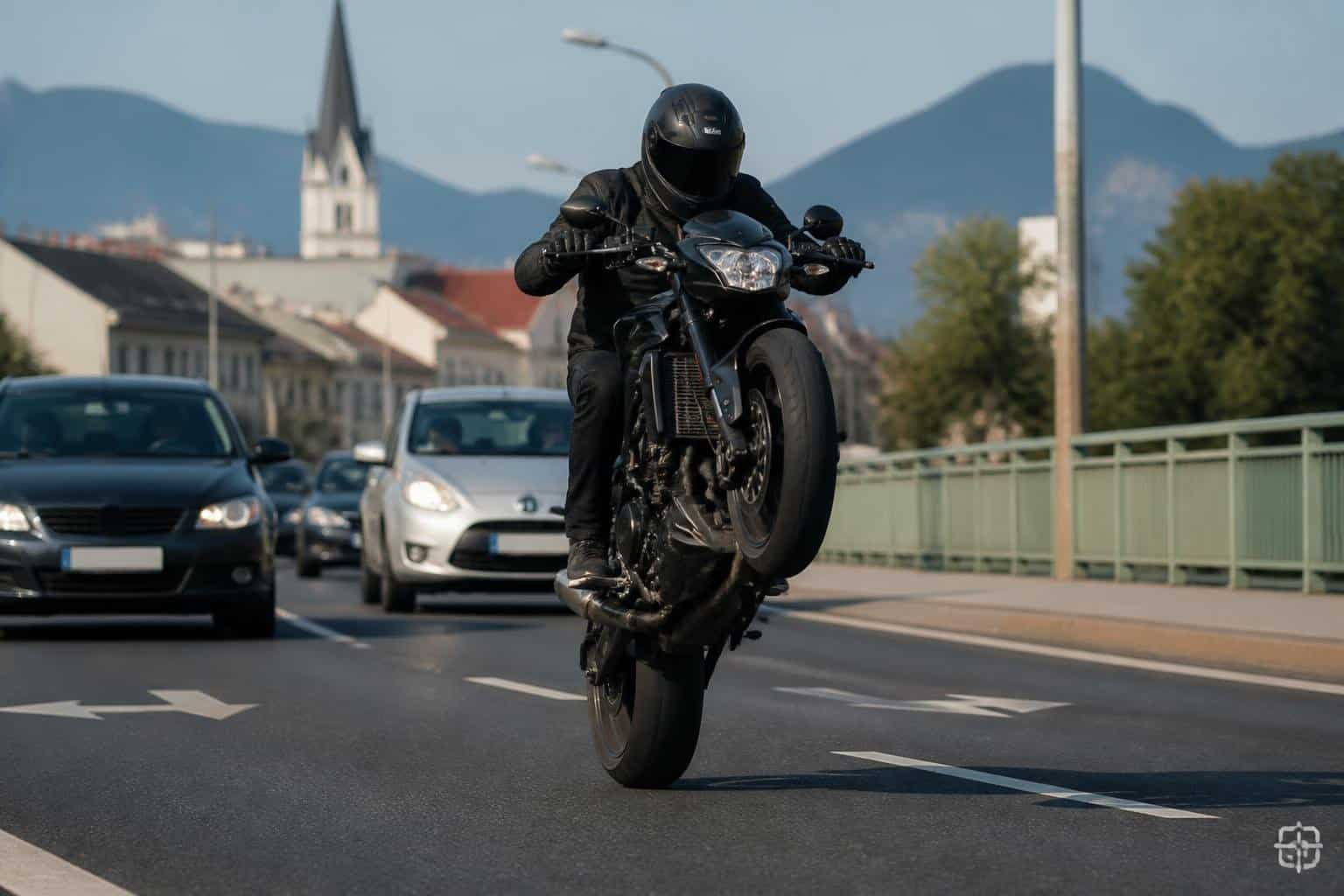 Alkoholisierter Motorradfahrer macht Wheelies