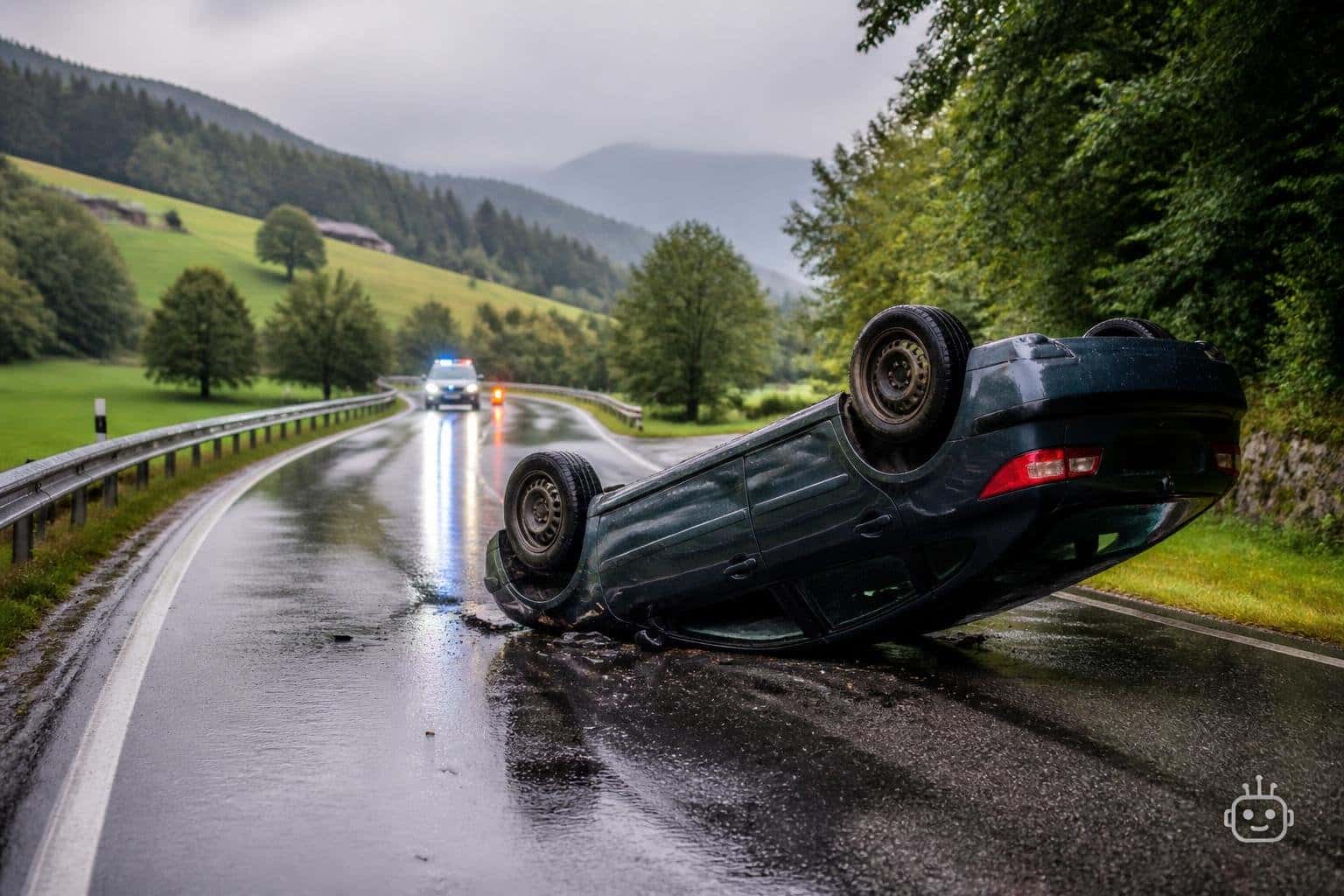 Auto überschlug sich auf regennasser Straße