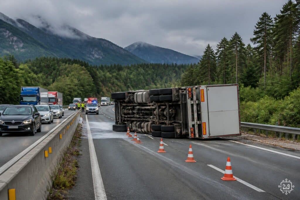 Verkehrsunfall auf der A2 bei Warmbad Villach – umgekippter Sattelzug