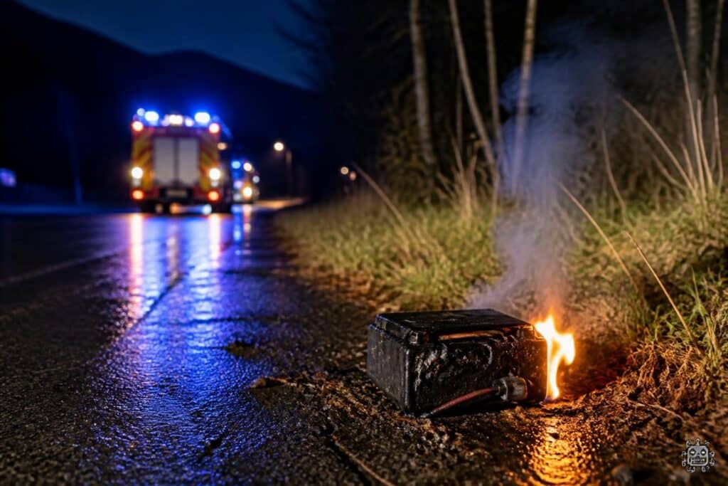Entsorgter Akku fängt am Straßenrand Feuer