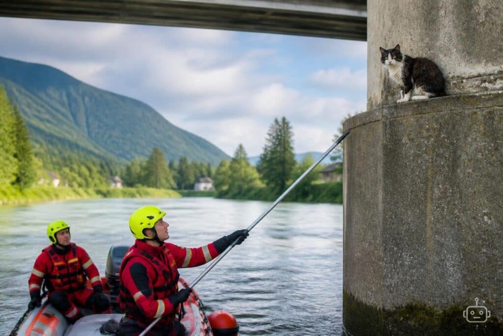 Katze von Brückenpfeiler in Drau gerettet