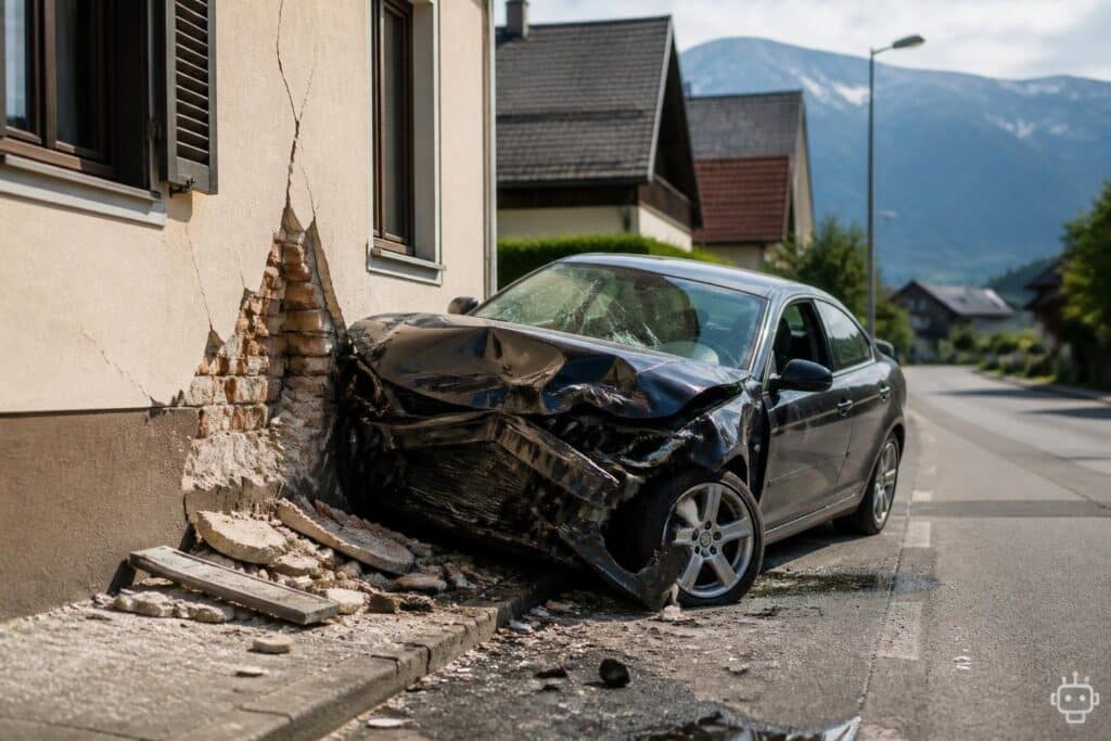 Pkw beschädigte bei Unfall Hausfassade